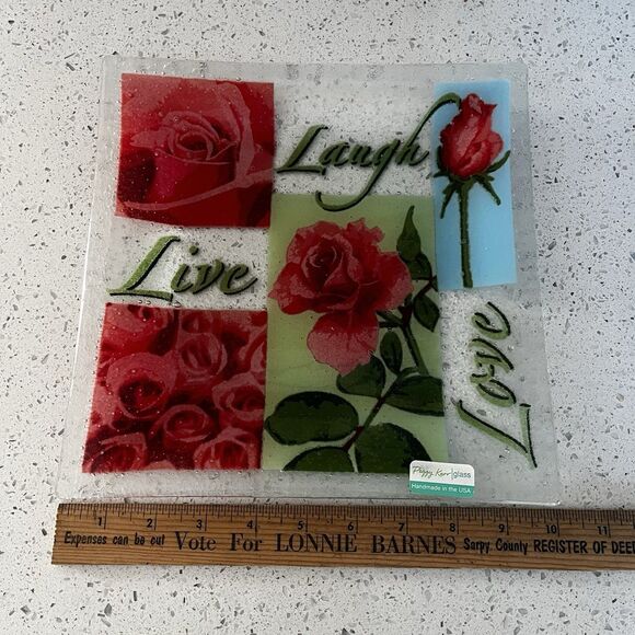Peggy Karr 10" Square Plate Platter Live Love Laugh Rose Fused Art Glass RARE - Picture 4 of 5